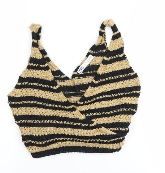 Zara Women's Beige Black Striped Wrap Jumper, Size S