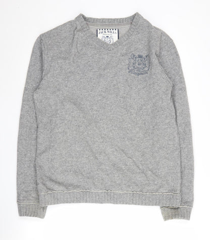 Jack Wills Men's Grey Wool Blend V-Neck Jumper Large