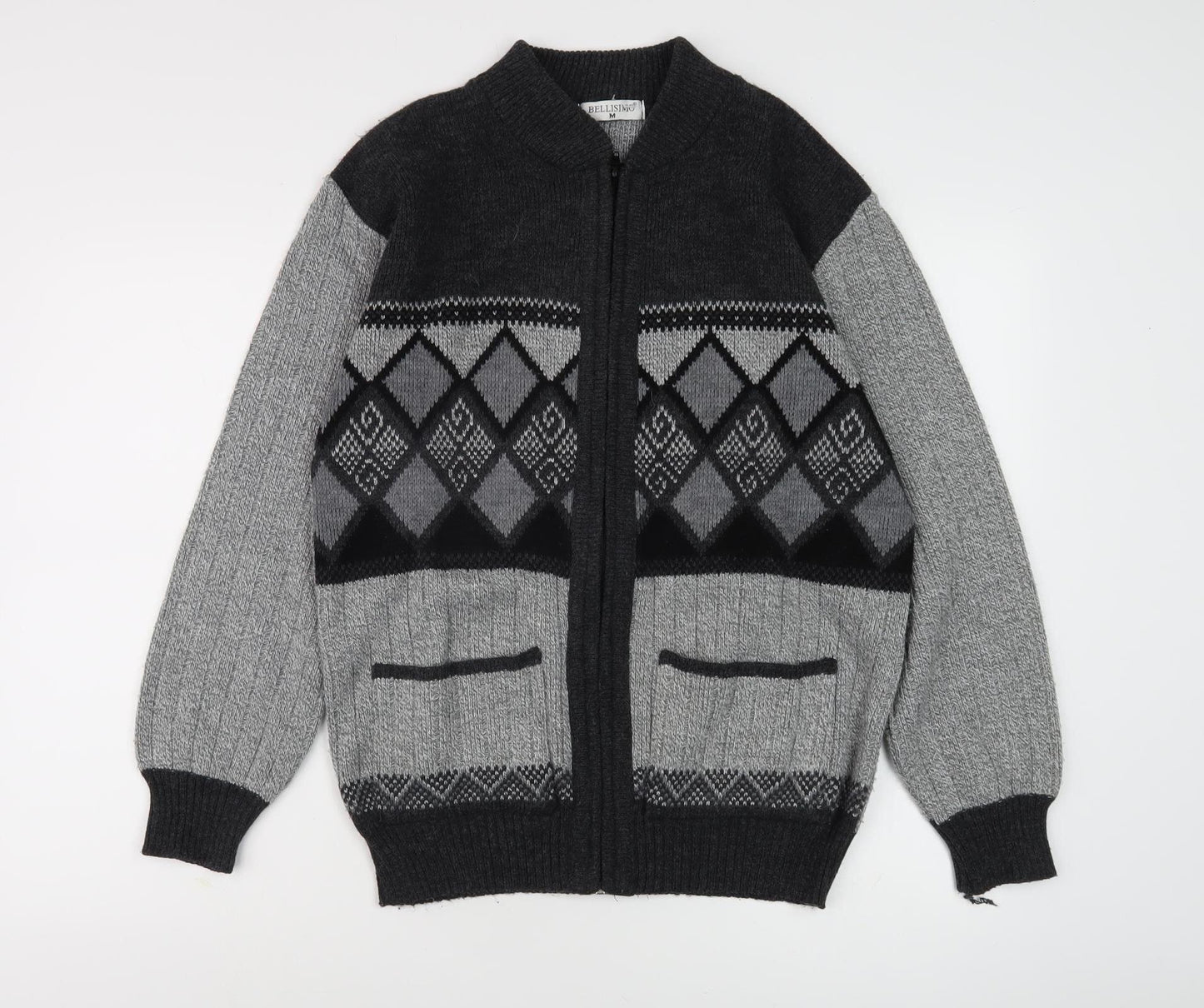 Bellissimo Men's Grey Argyle Knit Jacket M