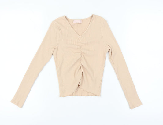 Lipsy Girls Beige V-Neck Long Sleeve Top Size 9-10 Years