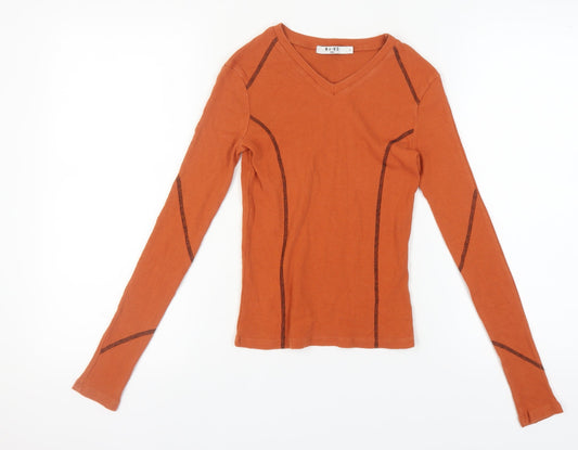 NA-KD Women's Orange V-Neck Long Sleeve Cotton T-Shirt S