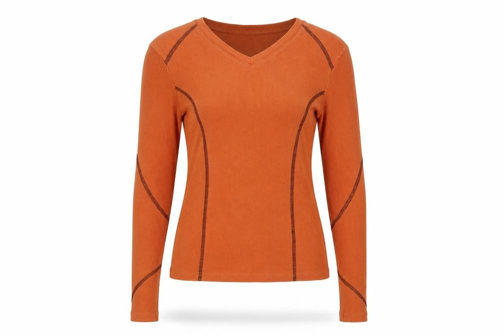 NA-KD Women's Orange V-Neck Long Sleeve Cotton T-Shirt S