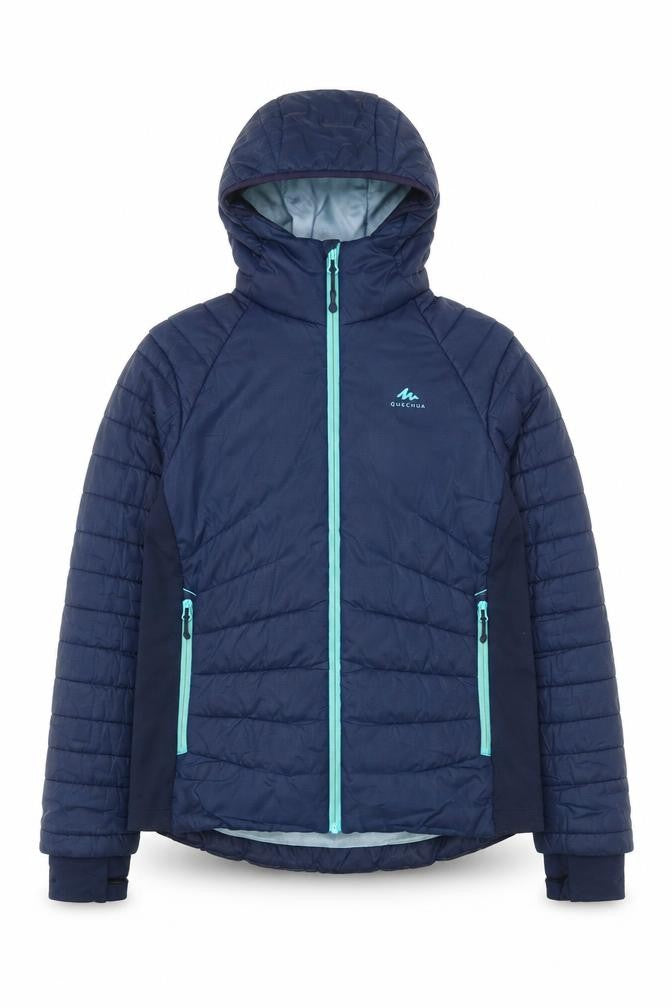 Front view of Decathlon girls’ blue hooded puffer jacket 12-13 years