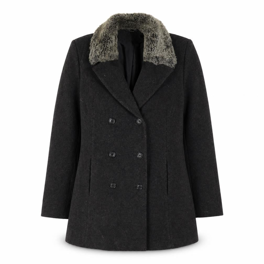 Nuage Women's Black Wool Pea Coat Size 12 Fur Trim