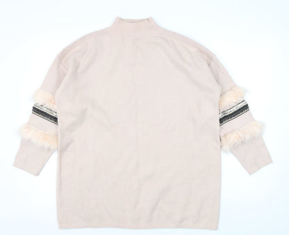 Quiz Women Beige Fur Trim Pullover Jumper M