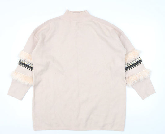 Quiz Women Beige Fur Trim Pullover Jumper M