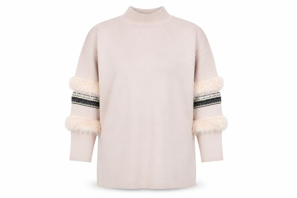 Quiz Women Beige Fur Trim Pullover Jumper M