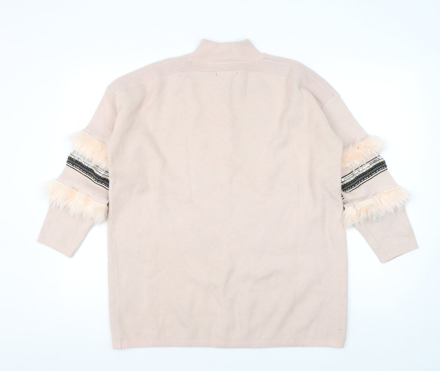 Quiz Women Beige Fur Trim Pullover Jumper M