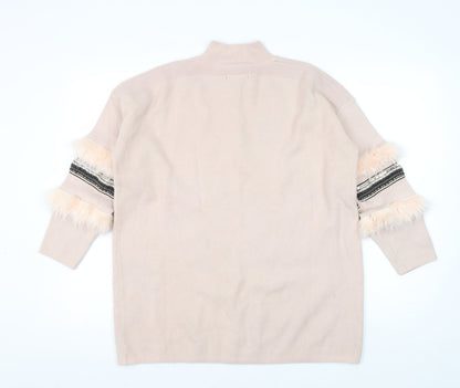 Quiz Women Beige Fur Trim Pullover Jumper M