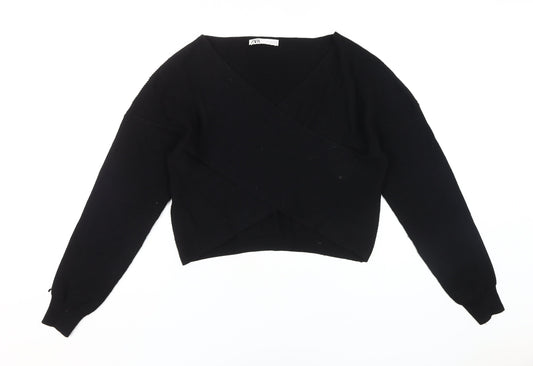 Zara Women's Black Wrap Jumper, L, V-Neck Knit