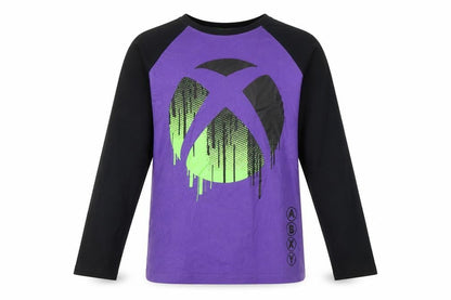 Front view of Xbox boys’ purple graphic long sleeve t-shirt 12-13 years