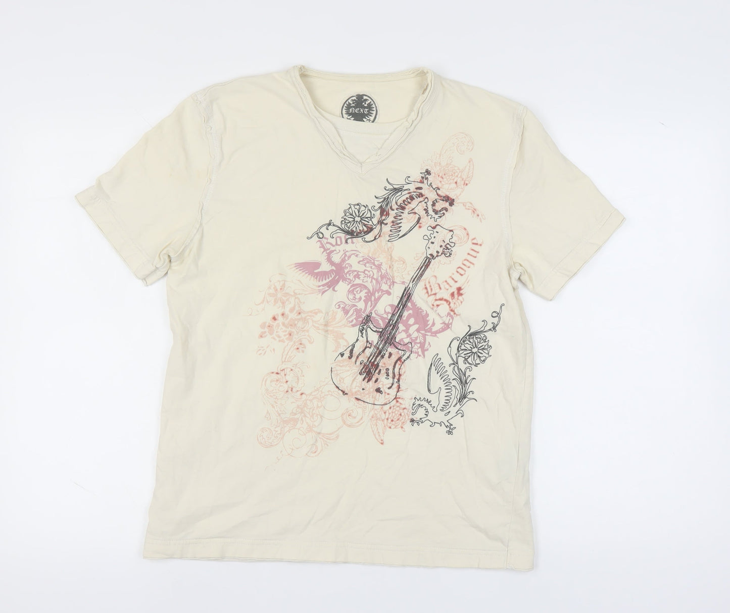 NEXT Unisex Beige Graphic V-Neck T-Shirt M