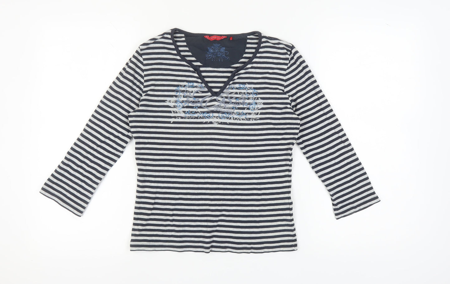 Esprit Women's Black Striped T-Shirt, M, V-Neck, 3/4 Sleeve