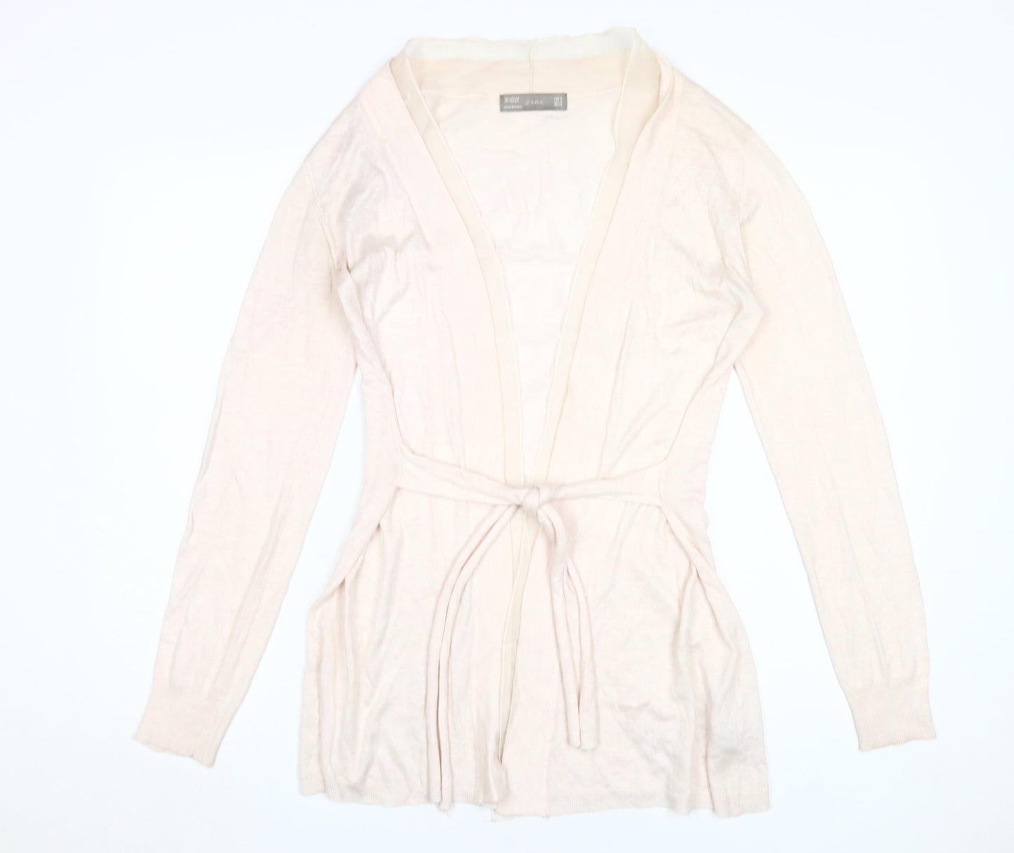 Zara Women Beige Cardigan M V-Neck Knit Belted