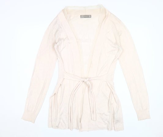 Zara Women Beige Cardigan M V-Neck Knit Belted