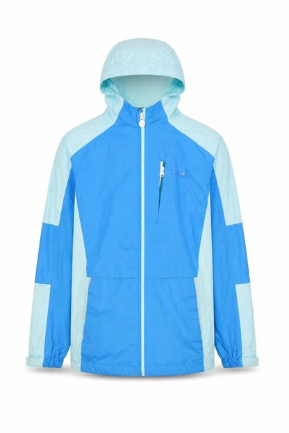 Front view of Regatta boys’ blue waterproof jacket 11-12 years hooded