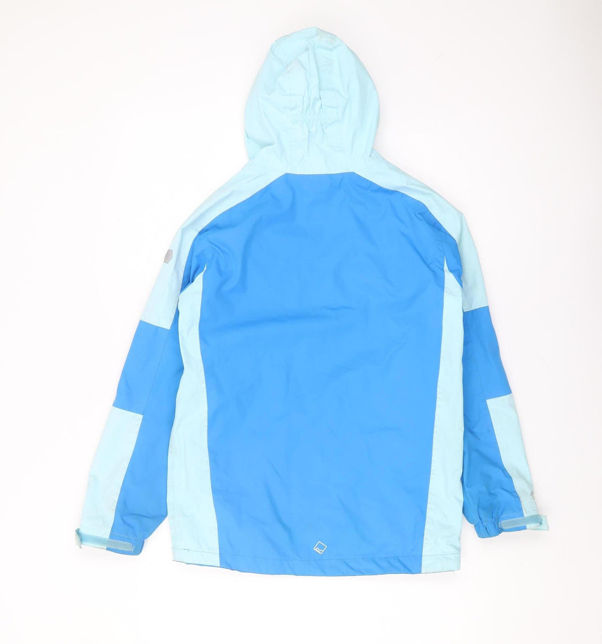 Back view of Regatta boys’ blue waterproof jacket 11-12 years hooded