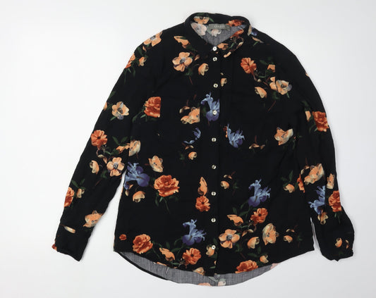 Oasis Women's Black Floral Button-Up Shirt UK 10