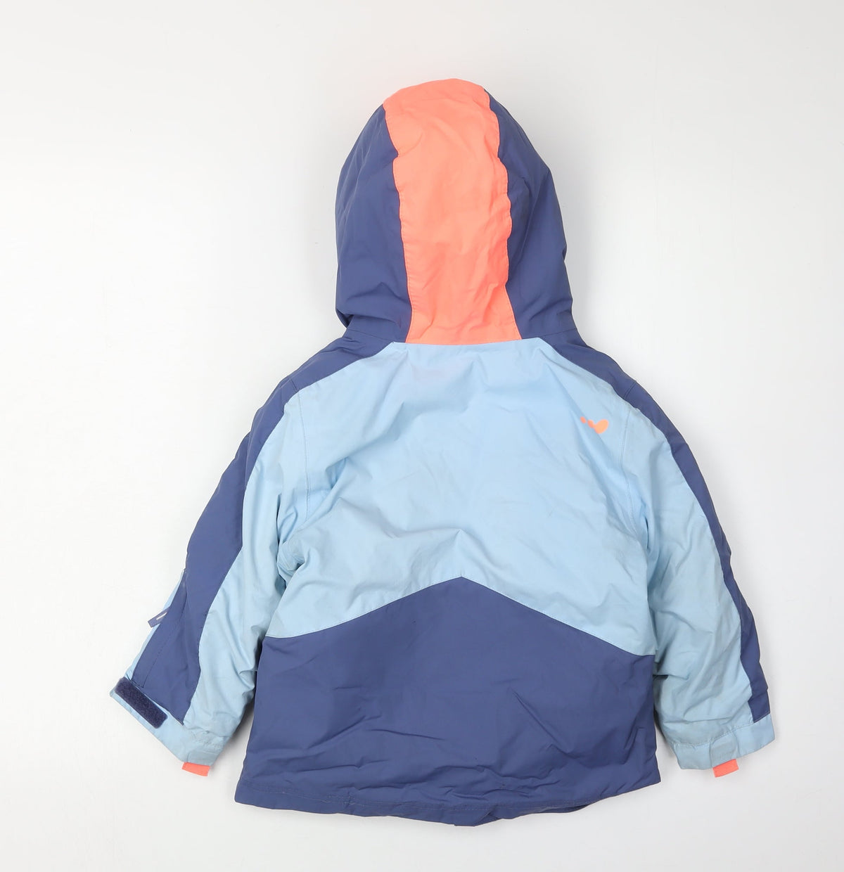 Back view of Decathlon girls’' blue parka jacket 3-4 years waterproof