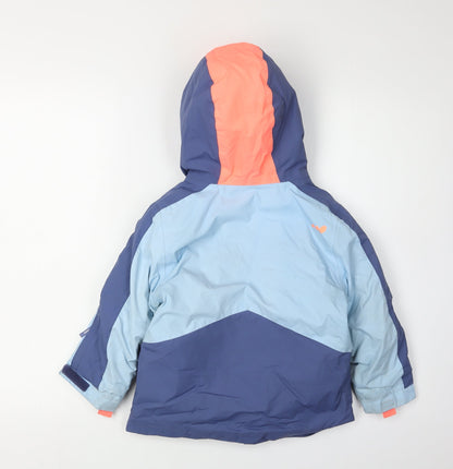 Back view of Decathlon girls’' blue parka jacket 3-4 years waterproof