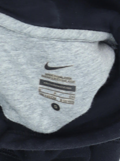 Close-up detail of Nike boys’ black pullover hoodie -, size S, logo, casual