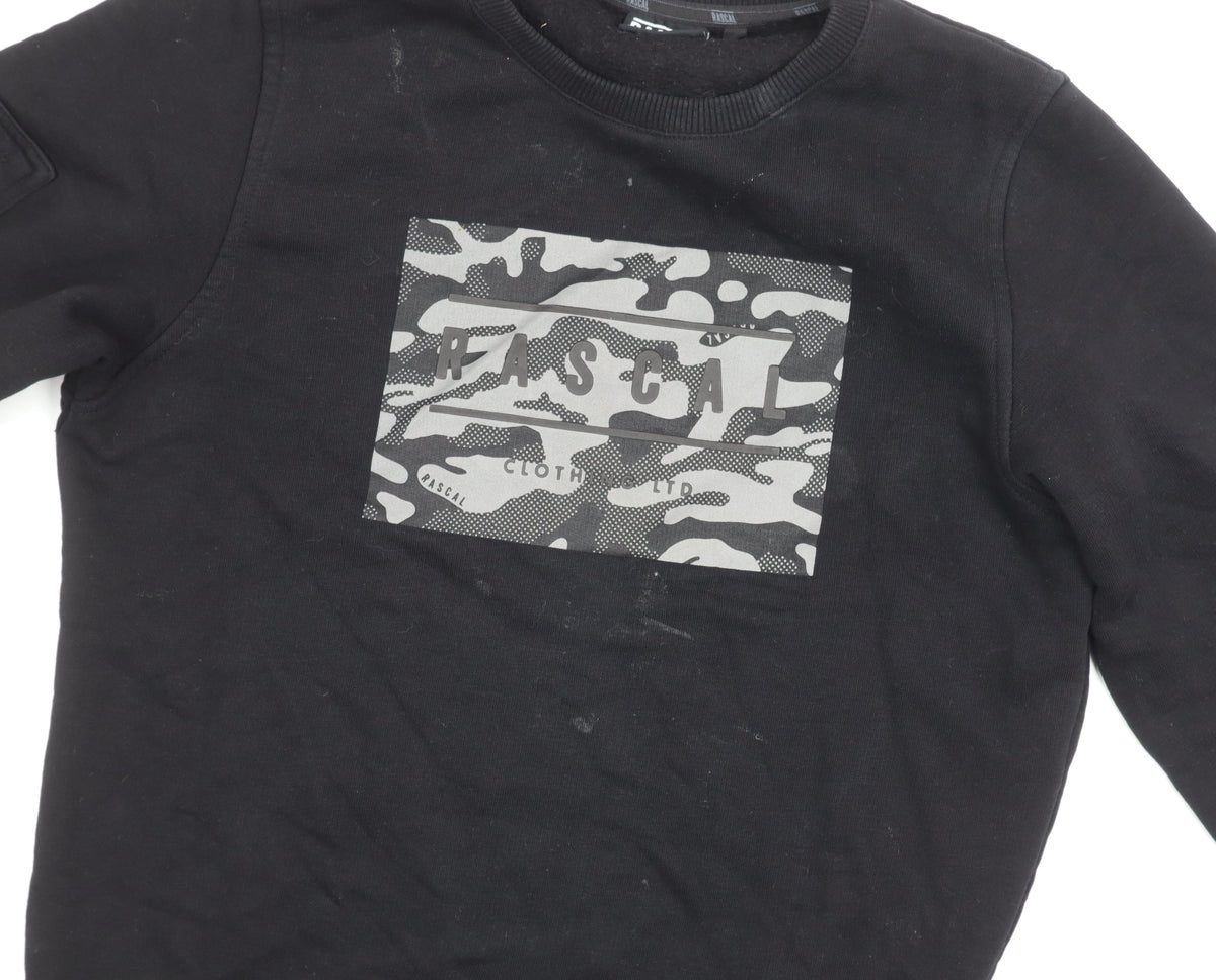 Close-up detail of Rascal boys’ black camouflage pullover sweatshirt - regular fit