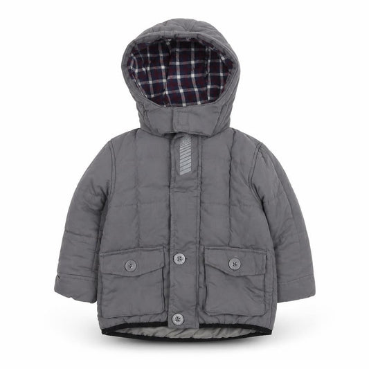 Front view of Mini V by Very Grey Puffer Jacket 18-24M boys’ winter hooded