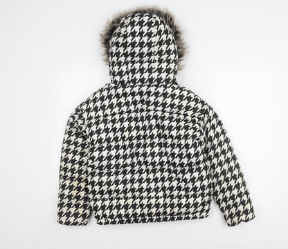 Back view of Next girls’' black white houndstooth puffer jacket 11y