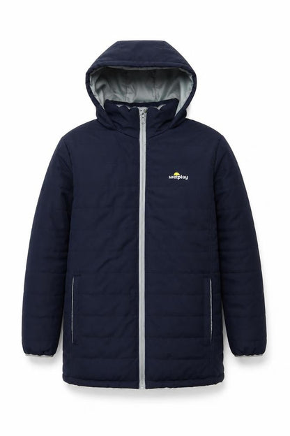 Front view of Wetplay boys’ blue puffer jacket 11-12 years waterproof