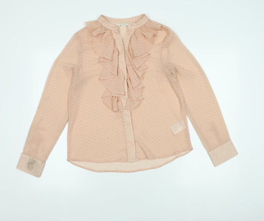 H&M Women's Beige Polka Dot Ruffle Blouse, Size 6