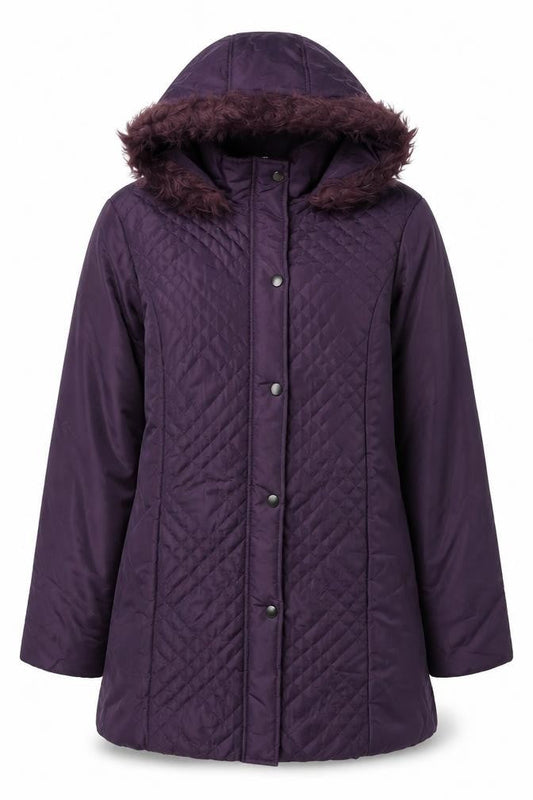 Front view of Anne de Lancay Women's Purple Quilted Coat, size 10/12