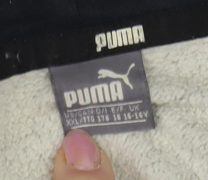 Close-up detail of Puma boys’ grey logo pullover hoodie, size 16