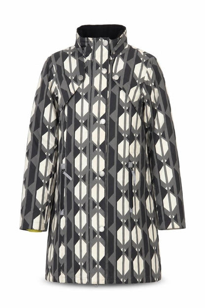 Front view of ETAGE Women's Grey Rain Coat, size 12, Geometric Pattern