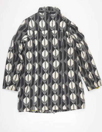 Back view of ETAGE Women's Grey Rain Coat, size 12, Geometric Pattern