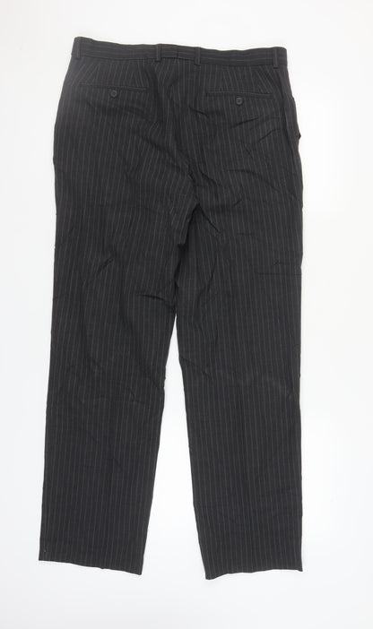 Back view of Taylor & Wright Men's Black Striped Dress Pants, size L