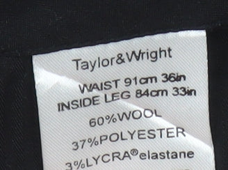 Brand and care label for Taylor & Wright Men's Black Striped Dress Pants, size L