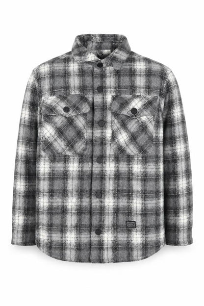 Front view of Zara boys’ grey plaid shirt jacket 8-9 years