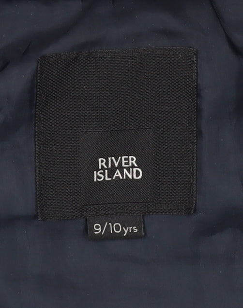 Brand and care label for River Island boys’ blue hooded puffer jacket 9-10 years