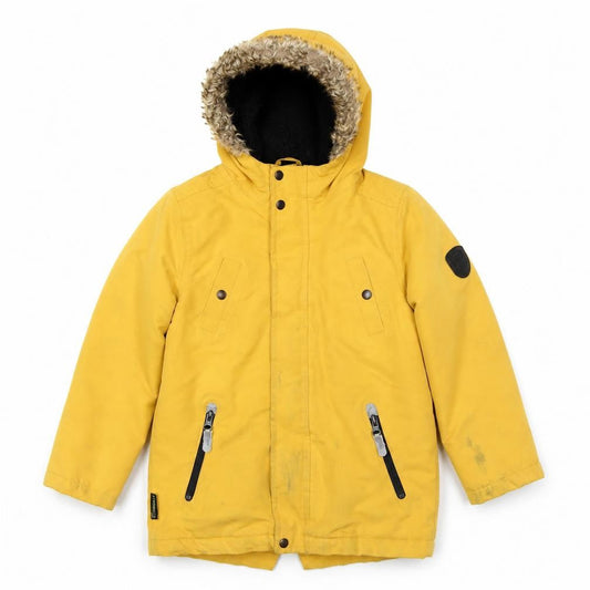 Front view of Gelert boys’ yellow parka jacket, 11 years, winter hooded