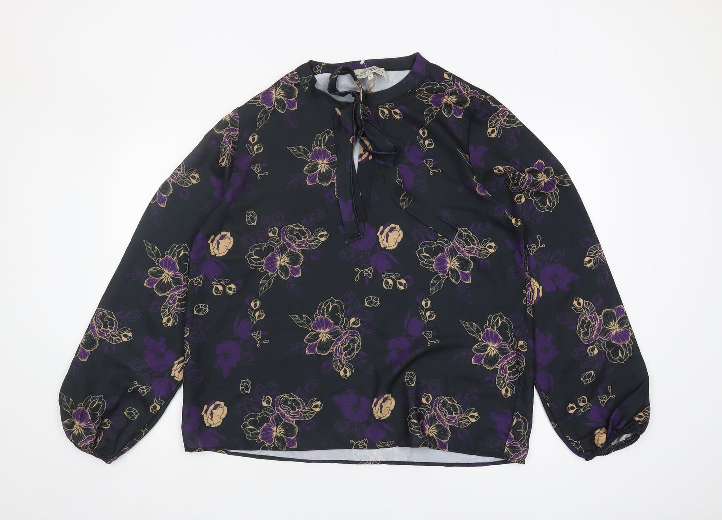 Mantaray Women's Black Floral Tunic Blouse Size 16