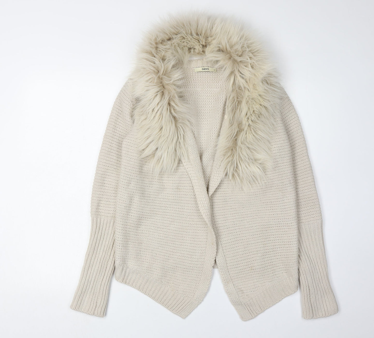 Oasis Beige Women's Cardigan, S, Faux Fur Trim, Knit