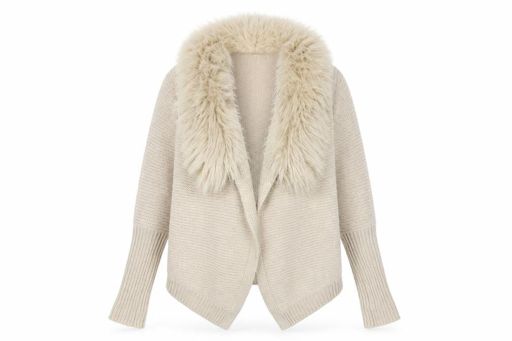 Oasis Beige Women's Cardigan, S, Faux Fur Trim, Knit