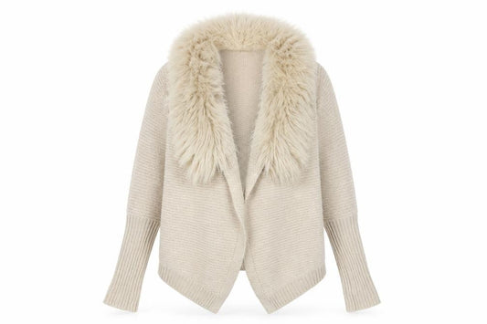 Oasis Beige Women's Cardigan, S, Faux Fur Trim, Knit