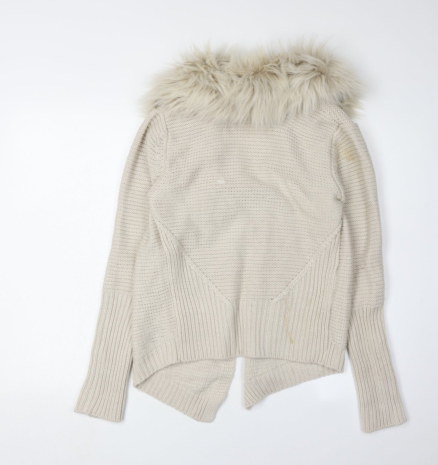 Oasis Beige Women's Cardigan, S, Faux Fur Trim, Knit
