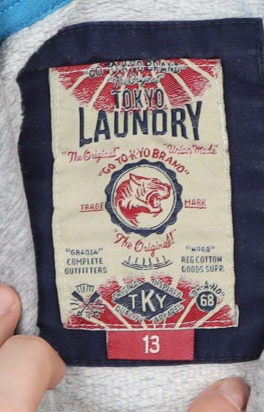 Brand and care label for Tokyo Laundry boys’ grey full zip hoodie 13 years