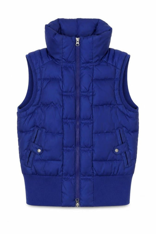 Front view of FatFace boys’ blue puffer jacket 12 years sleeveless zip