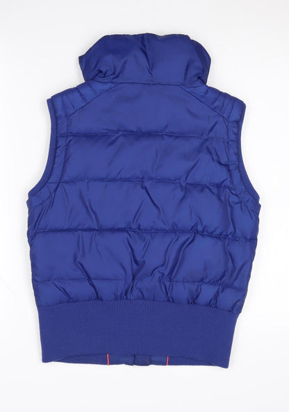Back view of FatFace boys’ blue puffer jacket 12 years sleeveless zip