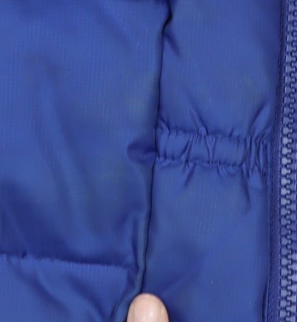 Close-up detail of FatFace boys’ blue puffer jacket 12 years sleeveless zip