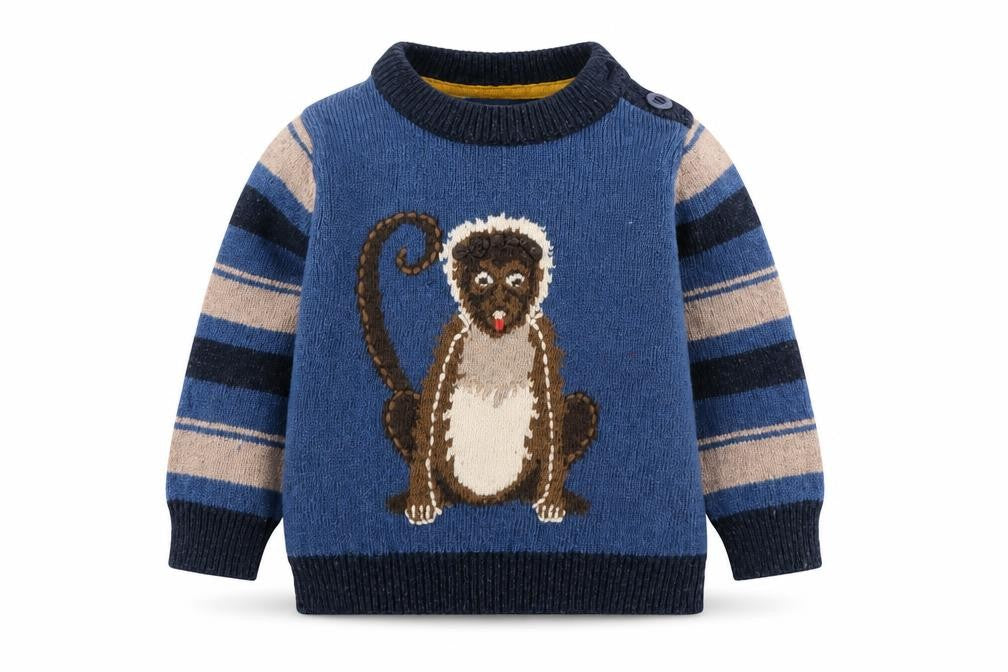 Monsoon Unisex Blue Animal Jumper 6-9 Months, Cotton Wool Blend