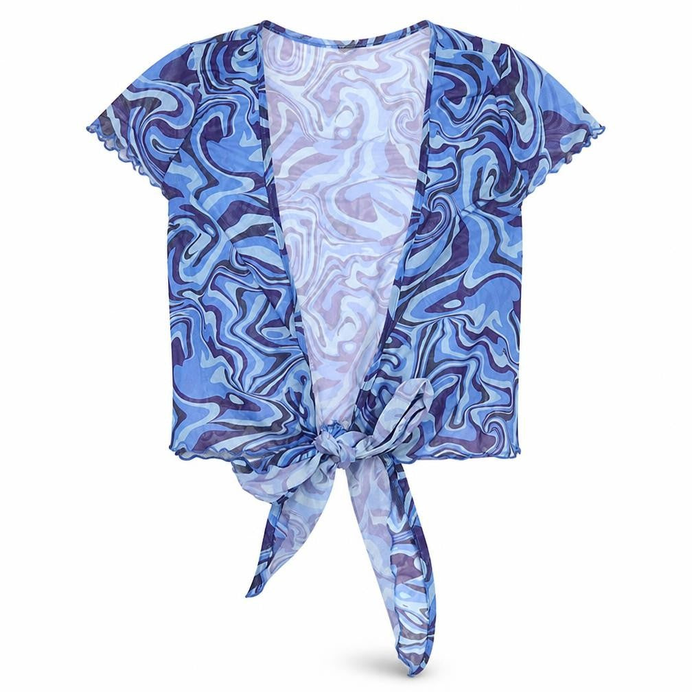 Stylish Women's Blue Geometric Wrap Blouse - Size 8